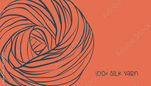 Red cozy banner with woolen yarn ball in doodle style. Vector illustration yarn for knitting and crocheting package template