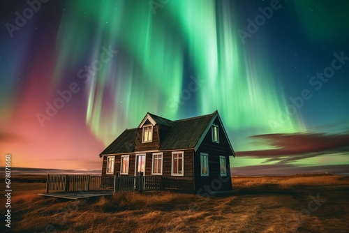 Northern lights sky wooden house glow. Magnetic dark space home. Generate Ai © nsit0108