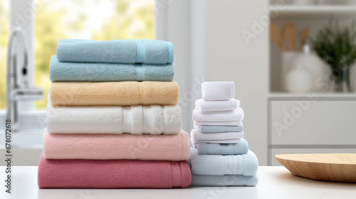 Stack of clean pastel colors terry towels for bath and body. Creative banner for a store of home goods and bathroom accessories.  © dinastya