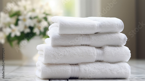Stack of white clean terry towels for bath and body. Creative banner for a store of home goods and bathroom accessories. 