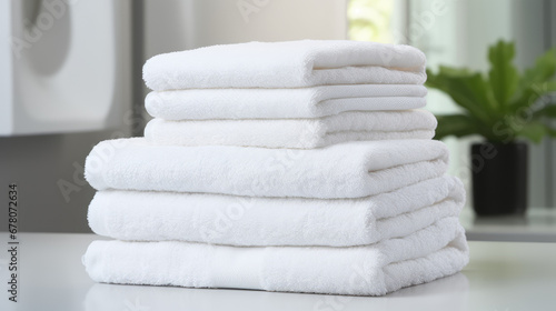 Stack of white clean terry towels for bath and body. Creative banner for a store of home goods and bathroom accessories. 