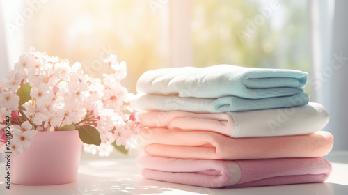 Stack of clean pastel colors terry towels for bath and body. Creative banner for a store of home goods and bathroom accessories. 