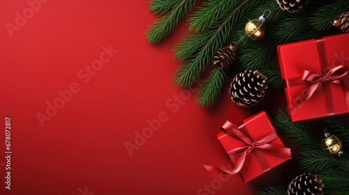 Christmas composition. Christmas fir tree branches  gifts  pine cones on red background. Flat lay  top view. Copy space. Banner backdrop.