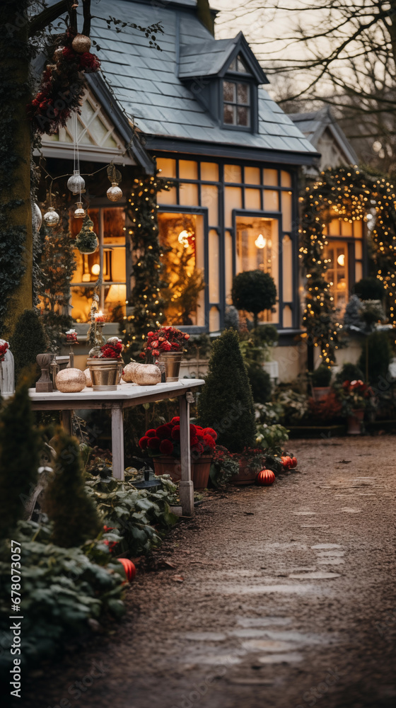 Naklejka premium Noel in Nature: A Charming Garden Home Decked Out for Christmas