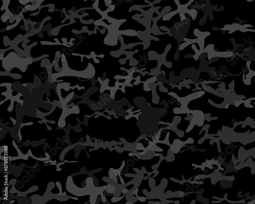 Camouflage Abstract Repeat. Black Camo Print.  Seamless Print. Camo Woodland Paint. Fabric Black Texture. Digital Dark Camouflage. Seamless Vector Camoflage. Army Dirty Canvas. Gray Vector Pattern.
