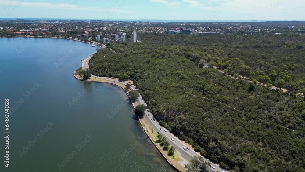 Aerial view of Mount Bay Road parallel to Swan River, Inner city parks and rich cultural heritage site Kings Park overlooking Perth Water, Perth, Western Australia Aerial view of Mount Bay Road parallel to Swan River, Inner city parks and rich cultural heritage site Kings Park overlooking Perth Water, Perth, Western Australia