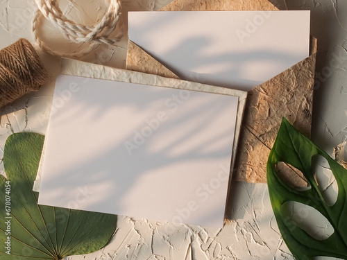 5 x 7 inch postcard mockup with real natural sunlight.  Minimalist invitation card. photo