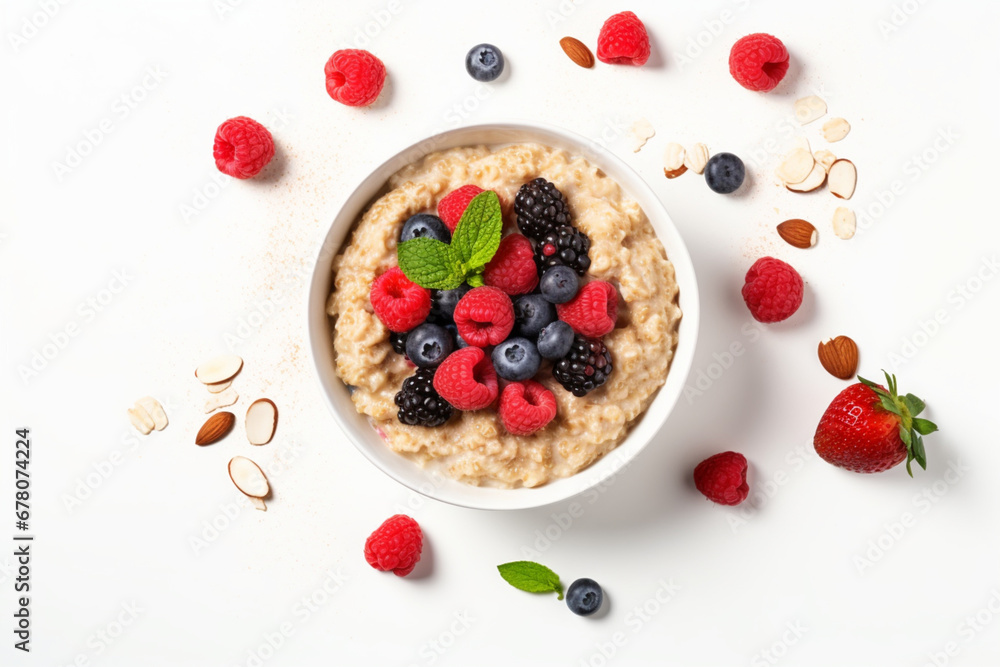 Oatmeal porrige with fresh berries and nuts on white background, Healthy breakfast, top view with copy space, aesthetic look Oatmeal porrige with fresh berries and nuts on white background, Healthy breakfast, top view with copy space, aesthetic look