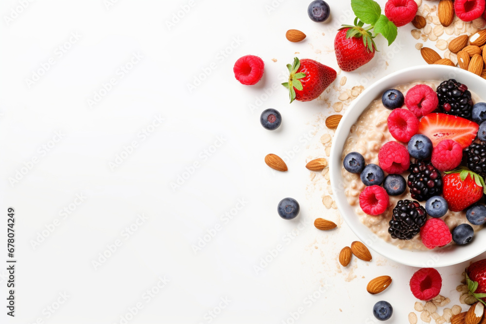 Oatmeal porrige with fresh berries and nuts on white background, Healthy breakfast, top view with copy space, aesthetic look Oatmeal porrige with fresh berries and nuts on white background, Healthy breakfast, top view with copy space, aesthetic look