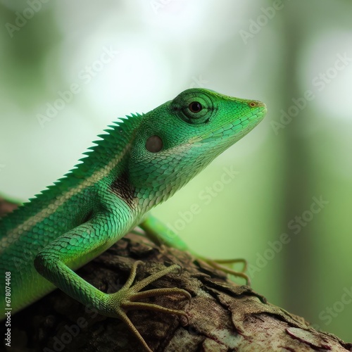 green lizard on a branch in the forest