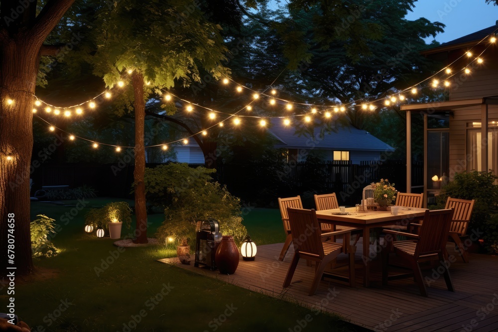 Backyard Surrounded By Trees And Adorned With String Lights Backyard Surrounded By Trees And Adorned With String Lights