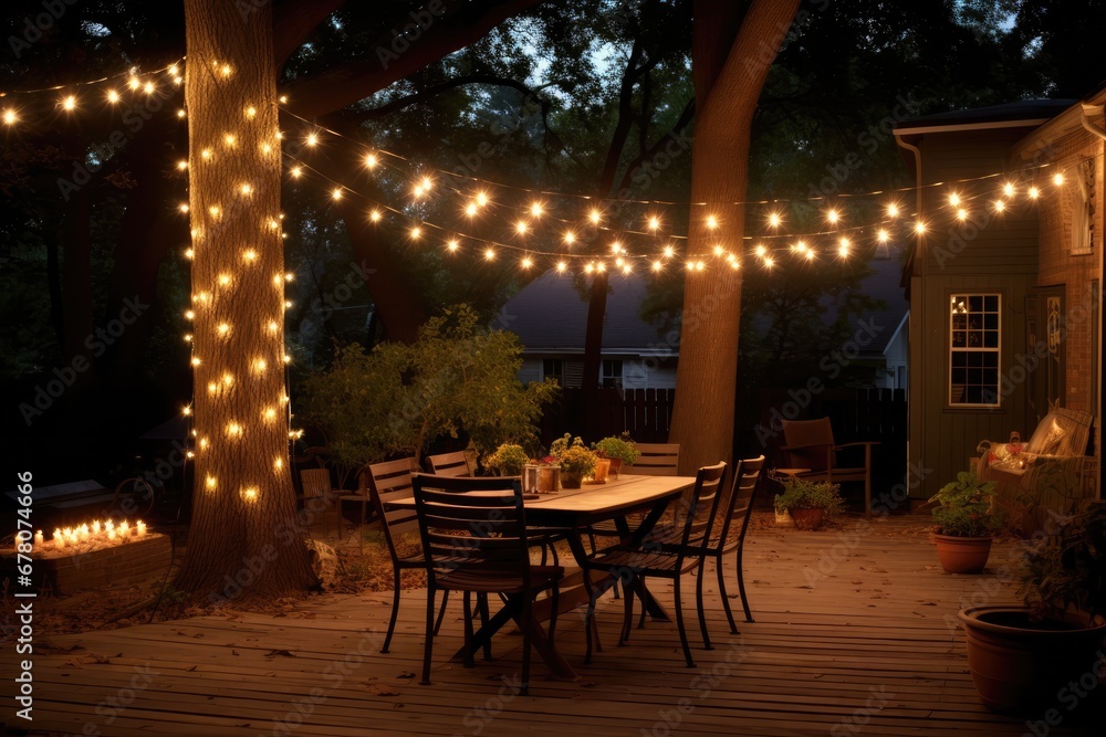 Fototapeta premium Backyard Surrounded By Trees And Adorned With String Lights