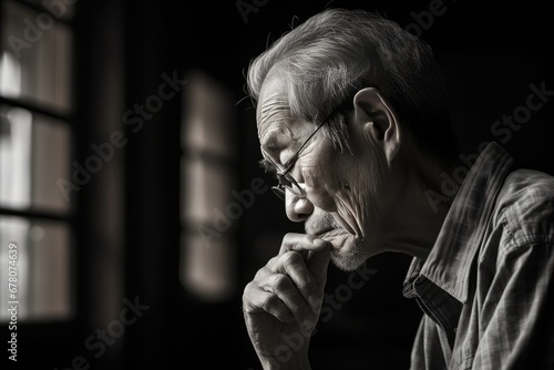Asian Elderly Male Feeling Sad In Nursing Home Quarantine photo