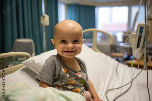Bald Boy Smiling In Cancer Hospital Bed. Сoncept Cancer Survivor, Strength And Resilience, Smiling In Adversity, Hospital Heroes, Spreading Hope
