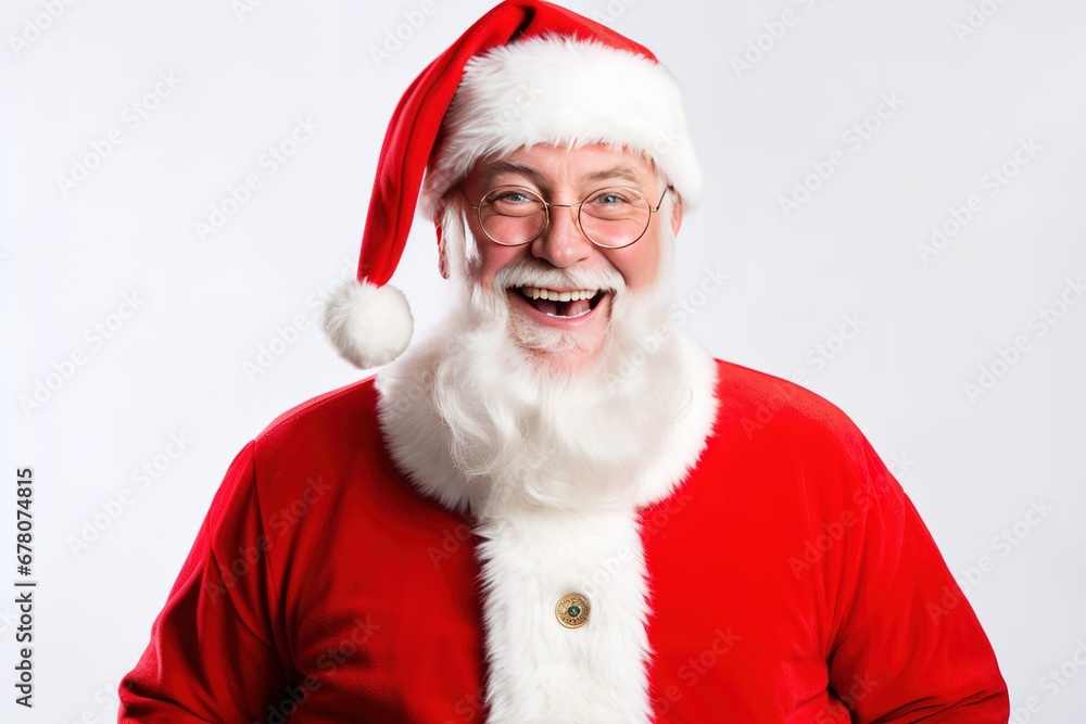 Santa Claus happy old man with white beard and mustache. He wears red suit with white fur and black belt. Santa Claus happy old man with white beard and mustache. He wears red suit with white fur and black belt.
