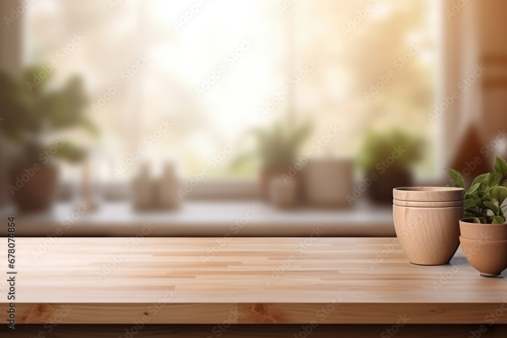 Brown Wooden Table With Blurred Kitchen Background, Product Display