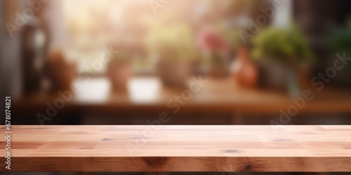 Brown Wooden Table With Blurred Kitchen Background For Display Minimalistic Style