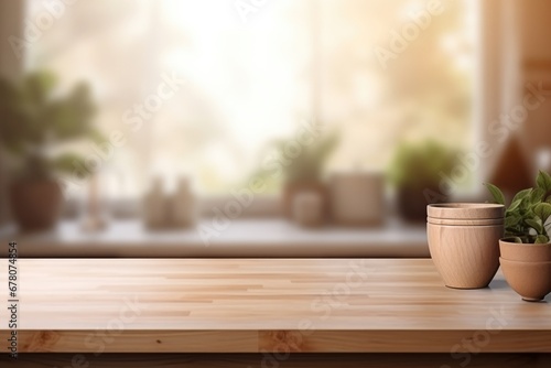 Brown Wooden Table With Blurred Kitchen Background  Product Display