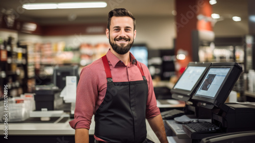 A smiling male cashier in a retail grocery store stands at the checkout counter with a point-of-sale system, dressed in a uniform with an apron and suspenders, ready to assist customers. photo