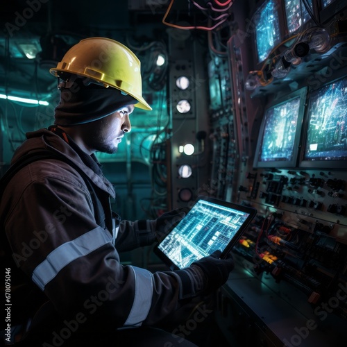 Mining Marvels: Engineer in Safety Gear Commands Screens in a Vast Mineral Extraction Site
