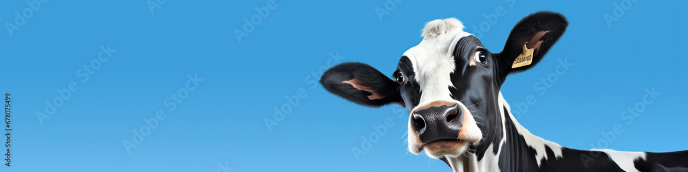 Funny cute cow isolated on blue. Talking black and white cow close up. Funny curious cow. Farm animals. Pet cow on sky background looking at the camera