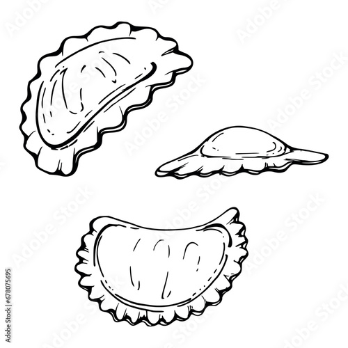 Hand drawn vector ink illustration. Ravioli pelmeni pierogi vareniki gyoza manti wonton dish. Set of single object elements isolated on white. For restaurant menu, food shop and package, flyer, print.