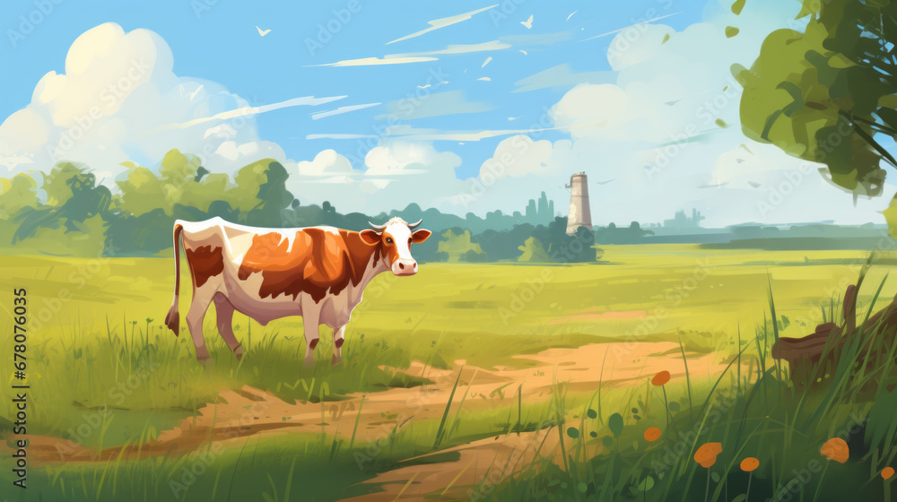 A cow grazes in a meadow. Rural landscape with a cow A cow grazes in a meadow. Rural landscape with a cow