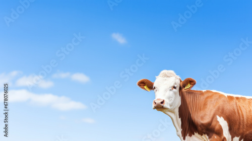 Copy space Funny cute cow. Talking red and white cow close up. Funny curious cow. Farm animals. Pet cow on sky background looking at the camera