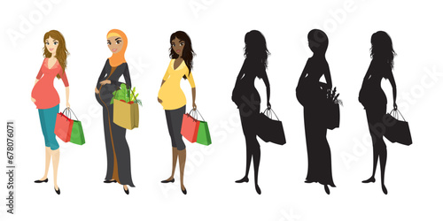 Set of happy pregnant women and black silhouettes. African American, arab, caucasian female characters. multiethnic mothers of different nationalities. Diversity,