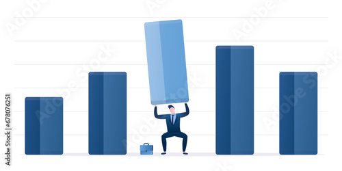Entrepreneur trying to lift heavy weight of corporate growth. Economic crisis or investment risks. Solving financial growth problems or business development.