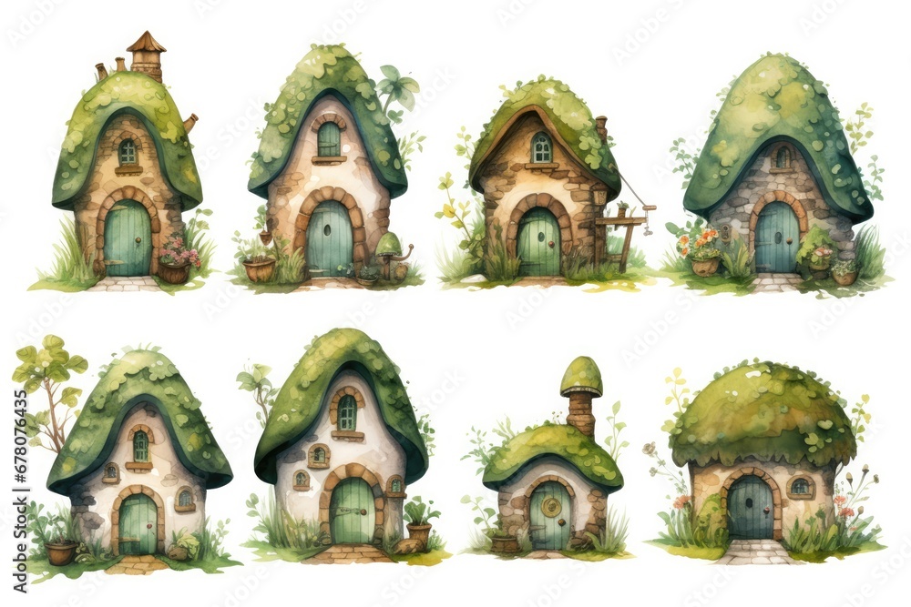 Fototapeta premium Cute Fairy Houses In Watercolor Elven Village