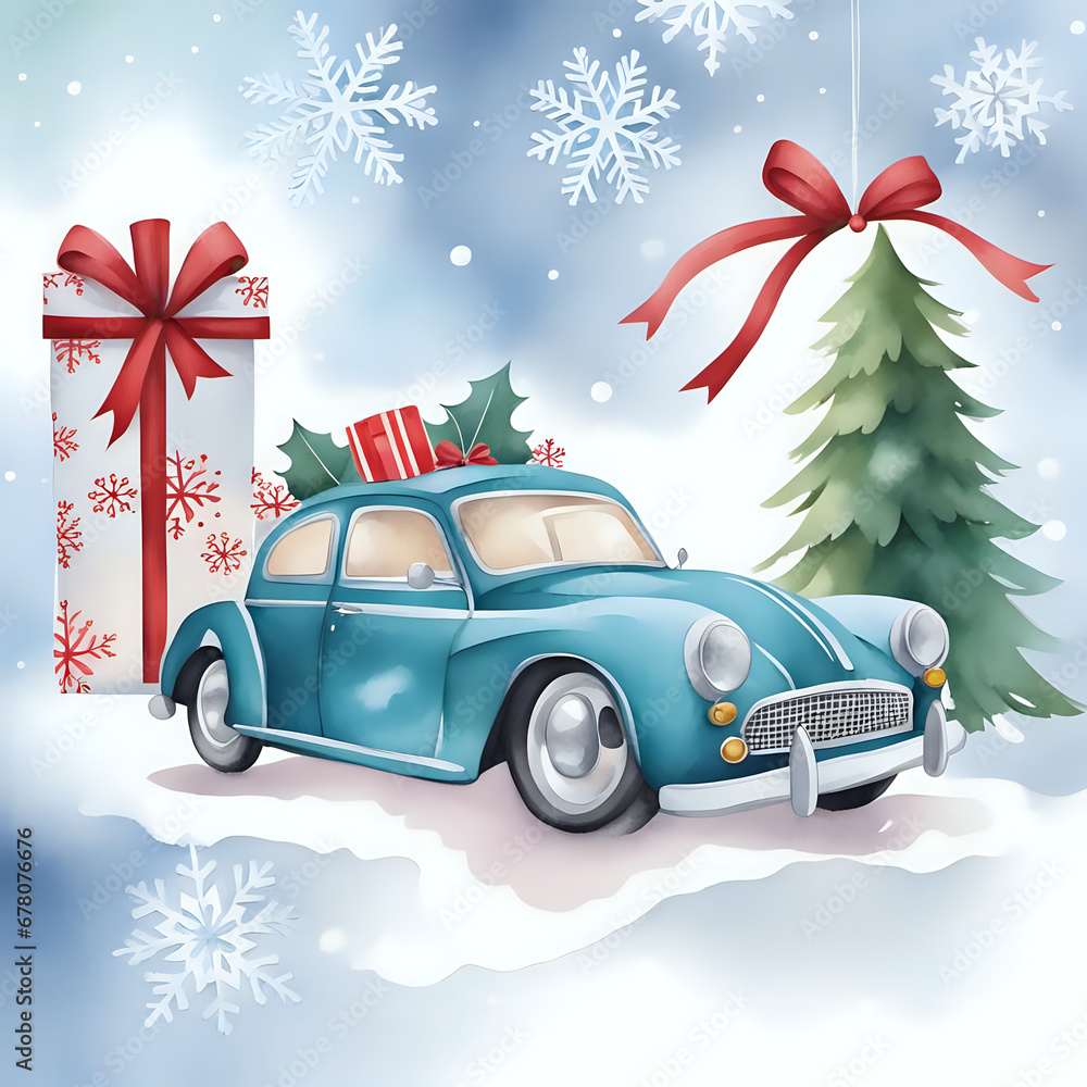 Watercolor retro car with gift box and christmas tree. Christmas watercolor decoration background. Holiday card template. Generative AI illustration