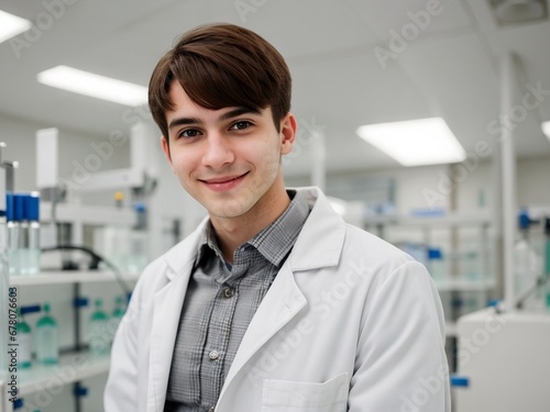 Young handsome scientist wearing a white coat confidently smiling and standing in the laboratory