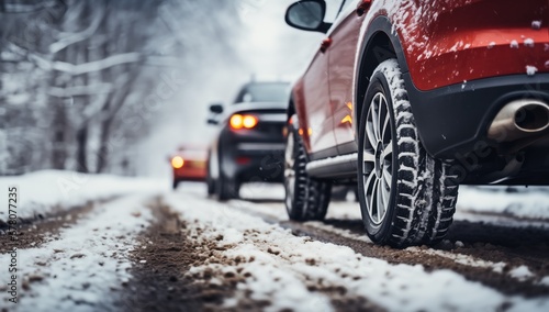 Winter car tires on a snowy road by Generative AI photo