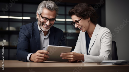 Happy colleagues in business casual attire are standing in an office atrium, smiling and looking at a tablet together.