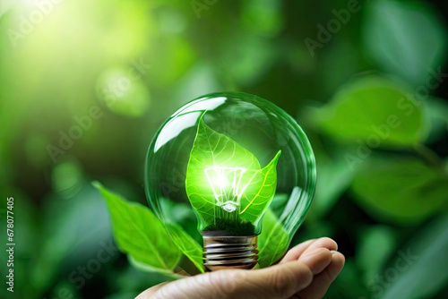 Hand holding light bulb amidst natures green leaf depicting renewable energy sources and responsible 