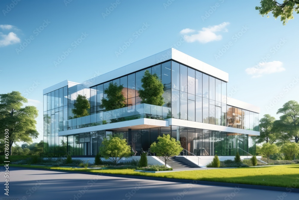 Ecofriendly Glass Office Building With Green Surroundings