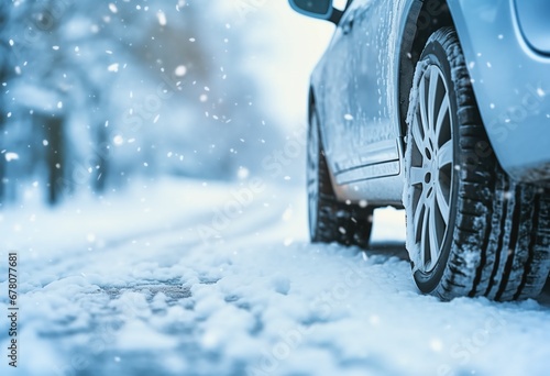 Winter car tires on a snowy road by Generative AI