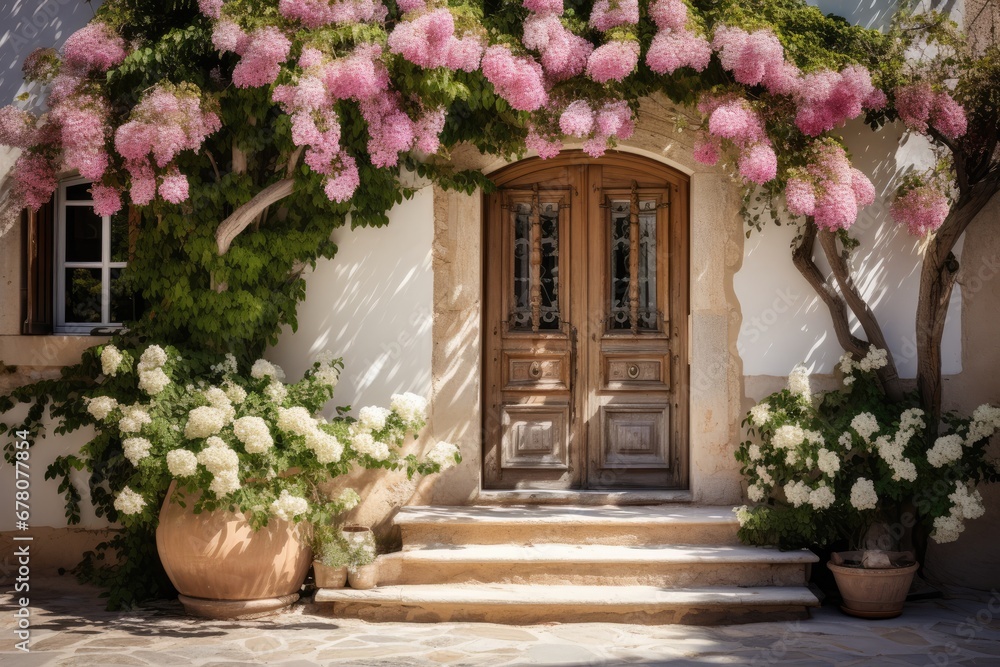 Front Entrance With Wooden Door And Flower Blossom Vine. Сoncept Rustic Wooden Door, Blossoming Vine, Front Entrance, Natural Beauty