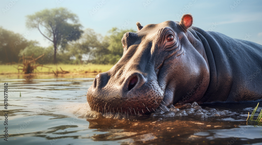 Common hippopotamus or hippo (Hippopotamus amphibius) showing aggression. - obrazy, fototapety, plakaty 