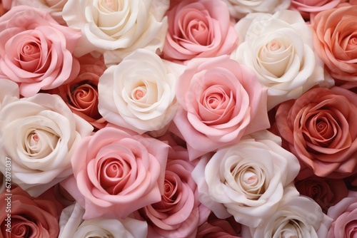 White and pink roses forming a natural background. Generative AI