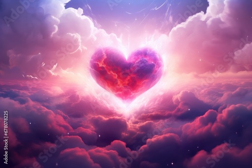 Pink clouds with heart shape on a purple sky. Generative AI