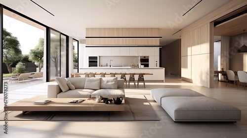 A modern minimalist home interior design with clean lines, sleek furniture, and neutral color palette, featuring an open-concept living space connected to a spacious kitchen, bathed in natural light  © Alin