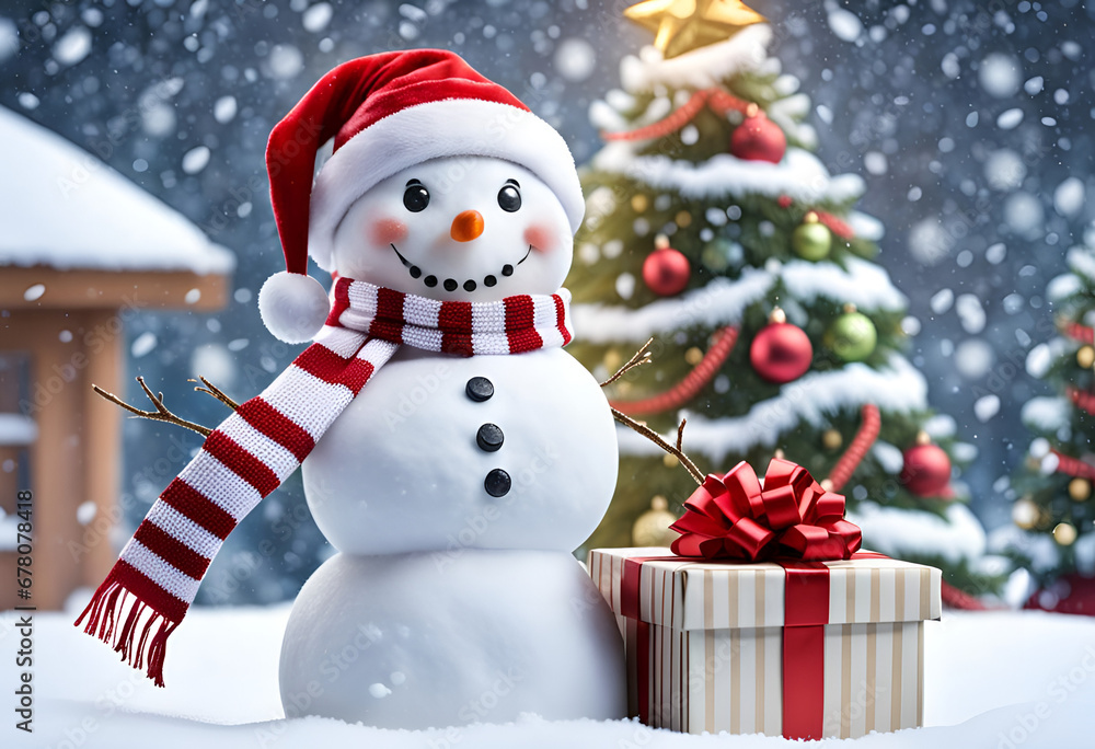 A snowman holding a present in front of a christmas tree, christmas background. Holiday card template. Generative AI illustration