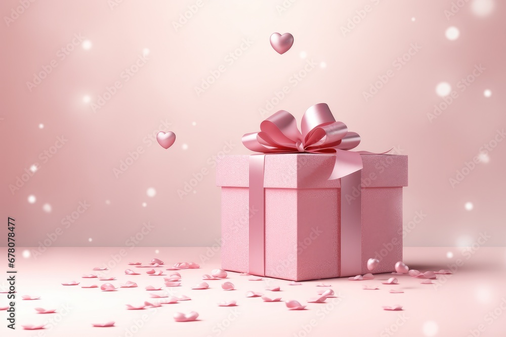 Pink present for Valentine´s Day with hearts falling. Generative AI Pink present for Valentine´s Day with hearts falling. Generative AI