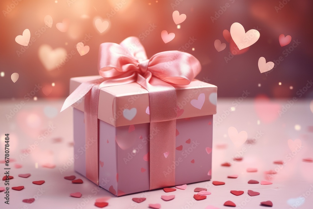 Pink present for Valentine´s Day with hearts falling. Generative AI Pink present for Valentine´s Day with hearts falling. Generative AI