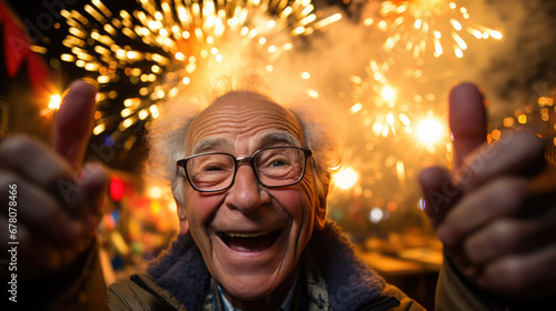Elderly man wearing glasses is looking up and laughing with joy at a display of fireworks in the night sky, surrounded by a backdrop of glowing bokeh lights.