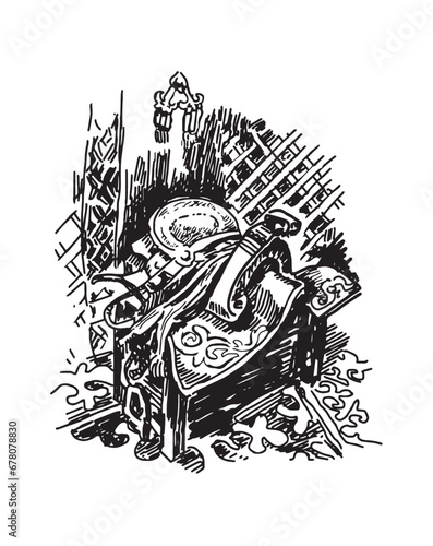 Sketch of household items of a Kazakh Kirghiz Mongol nomad drawn by hand. Vector illustration