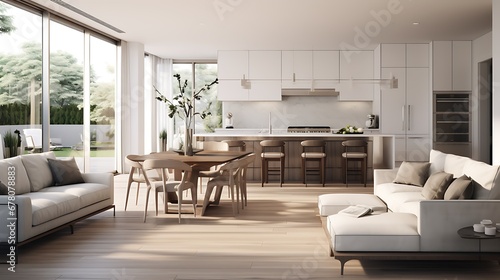 A modern minimalist home interior design with clean lines, sleek furniture, and neutral color palette, featuring an open-concept living space connected to a spacious kitchen, bathed in natural light  © Alin