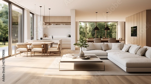 A modern minimalist home interior design with clean lines  sleek furniture  and neutral color palette  featuring an open-concept living space connected to a spacious kitchen  bathed in natural light 